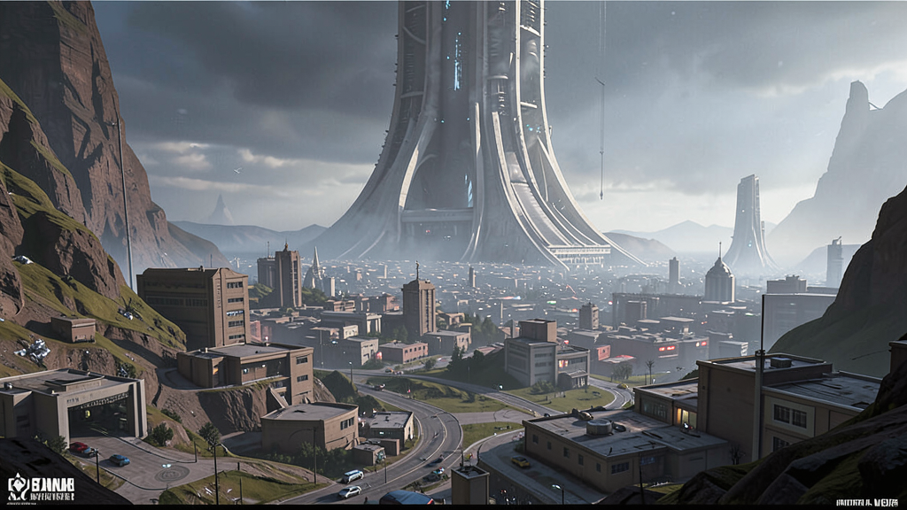 Alien city landscape, a towering megastructure looms in the distance