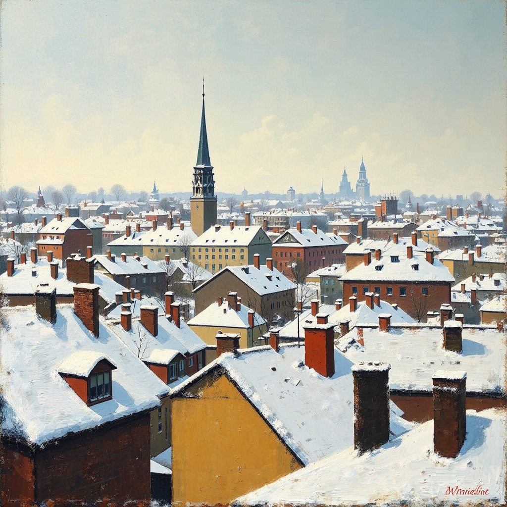 Winter snow-covered city rooftops.