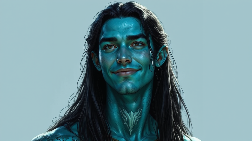 Turquois humanoid male portrait.