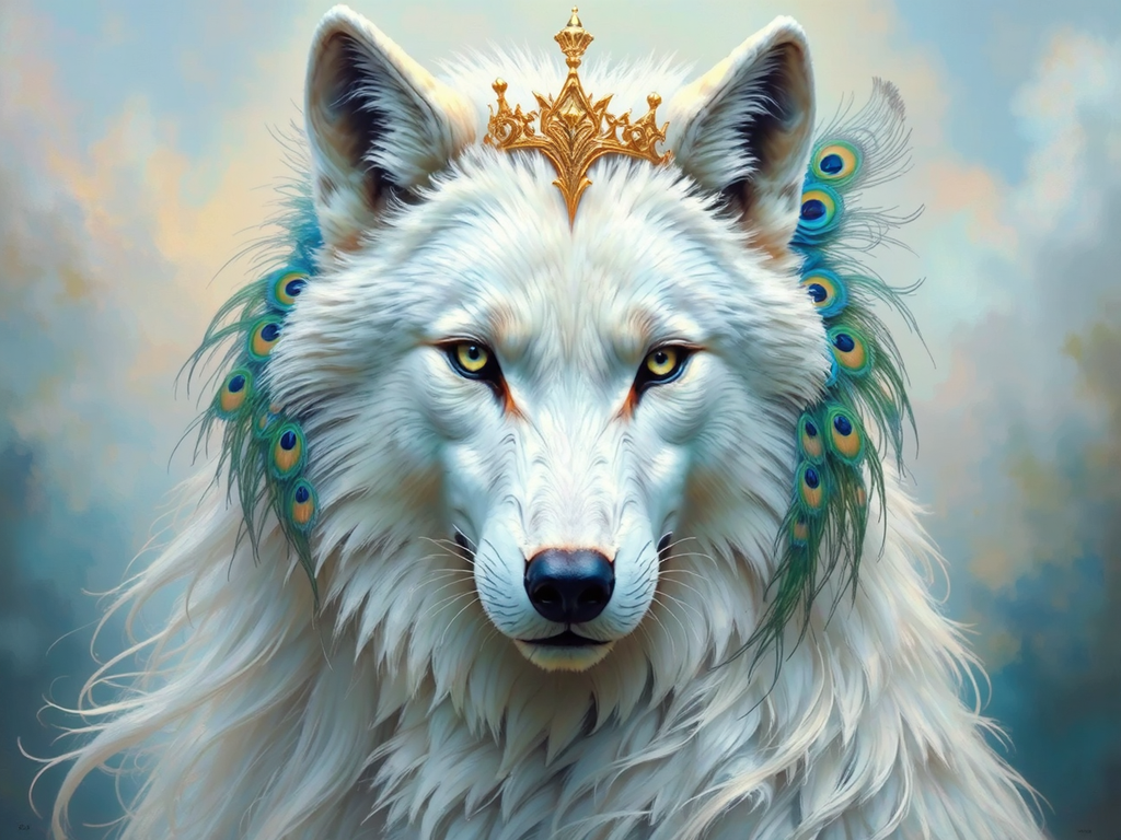 Wolf with regal, pastel-adorned