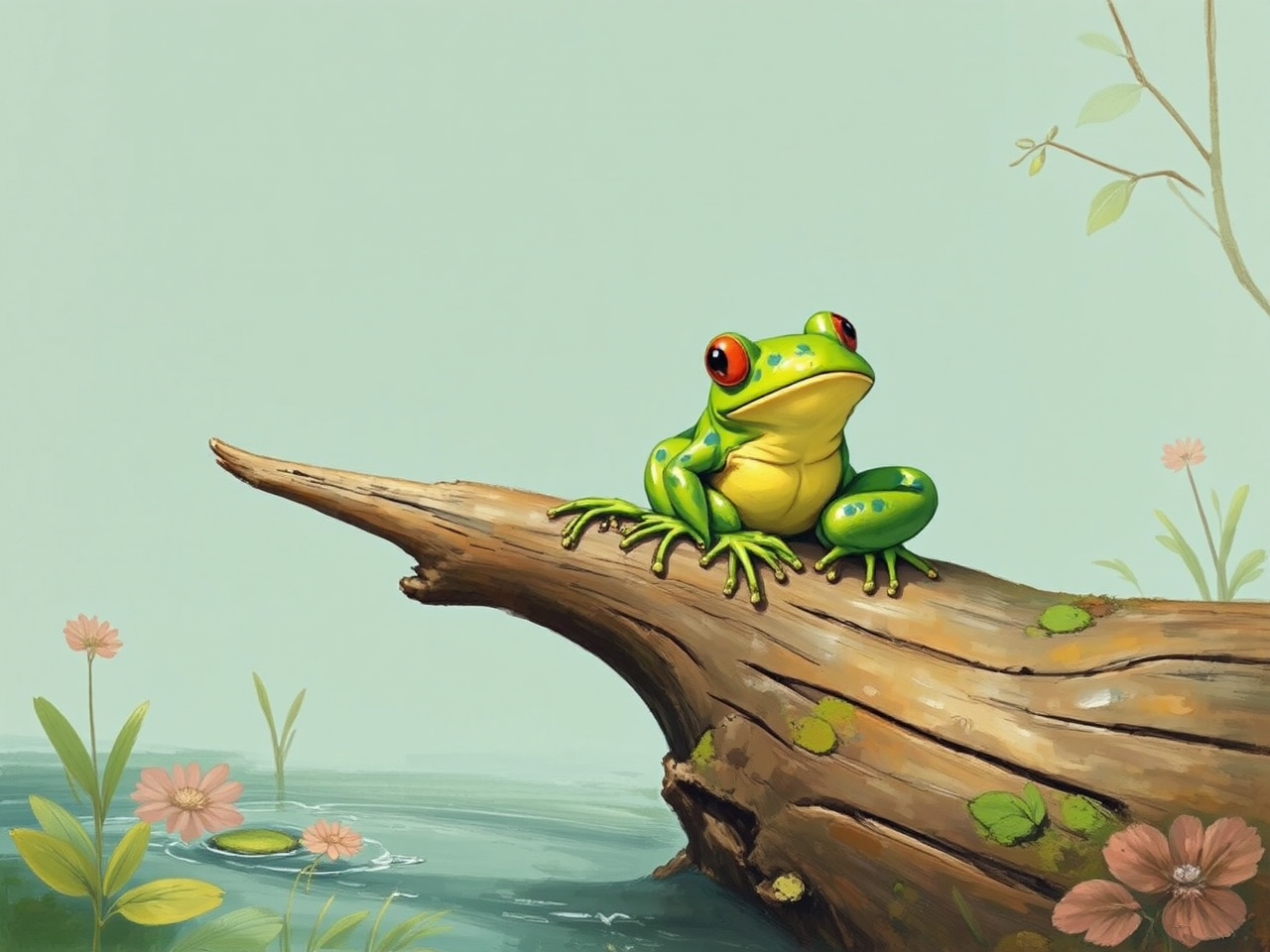 A green frog sits