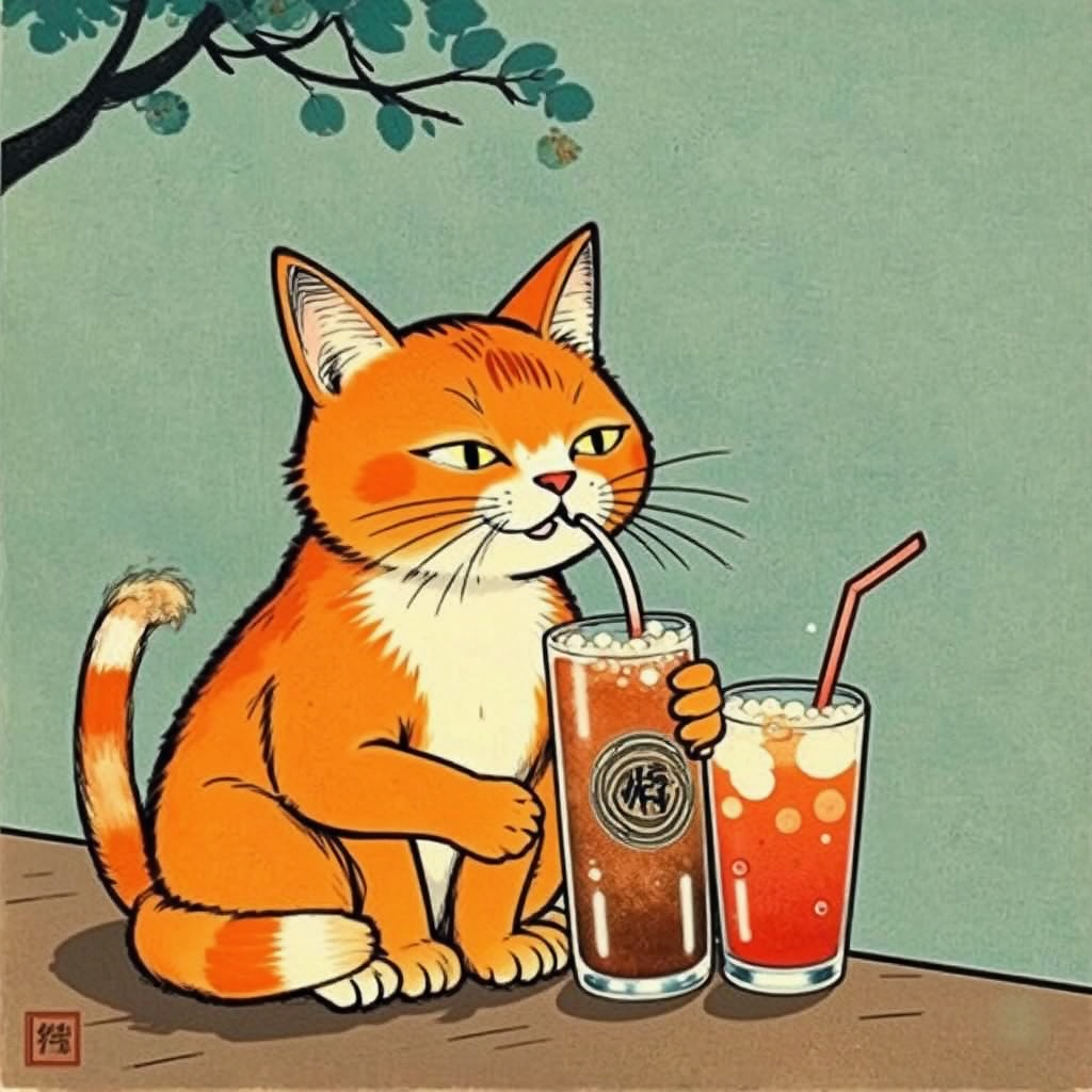 Orange cat drinking soda