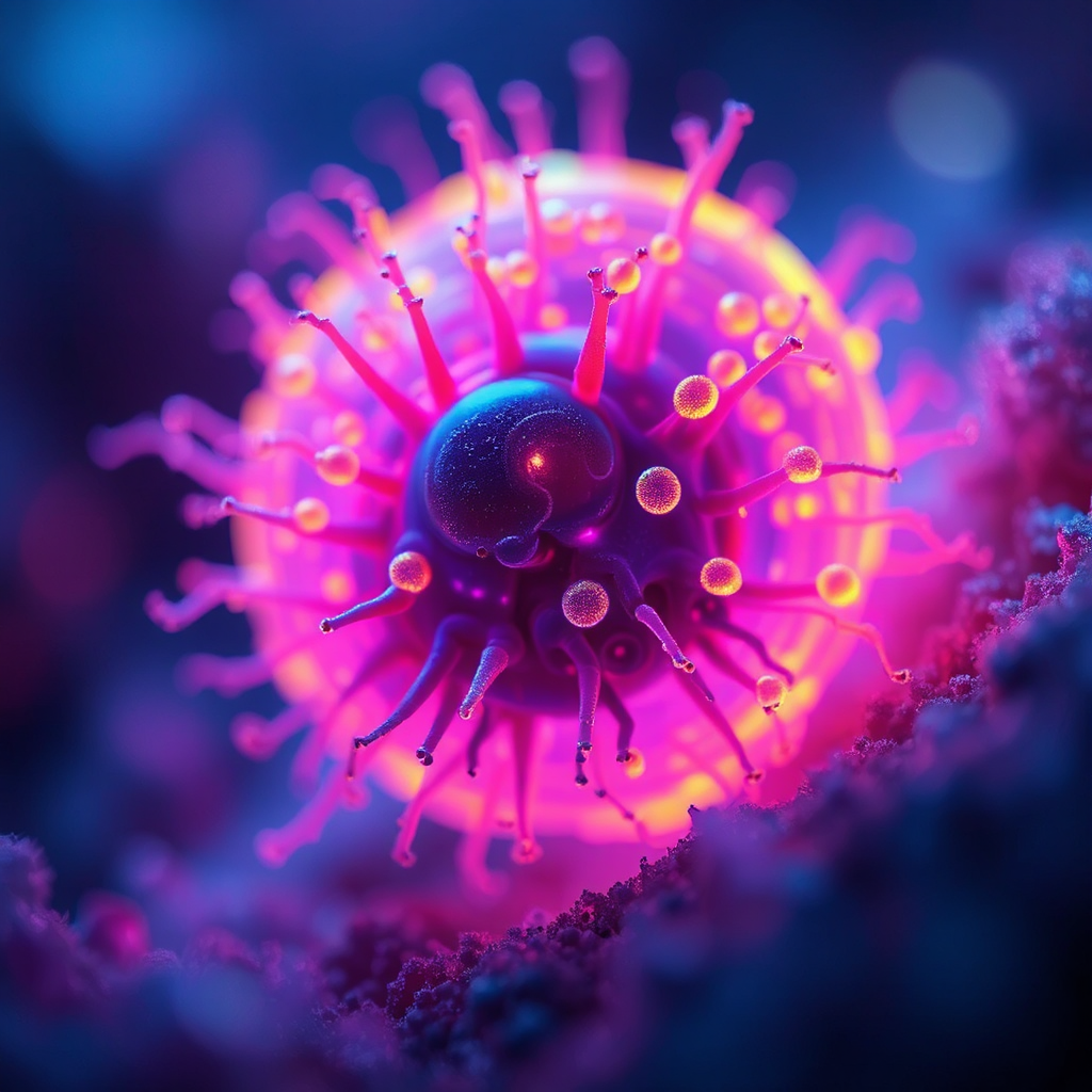 Microscopic neon fluorescent creature.
