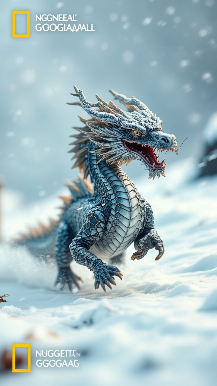 Dragon runs through snowy