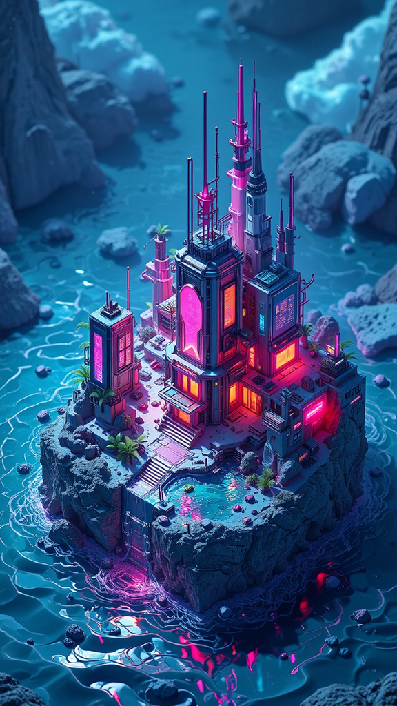Cyberpunk cityscape under ocean
