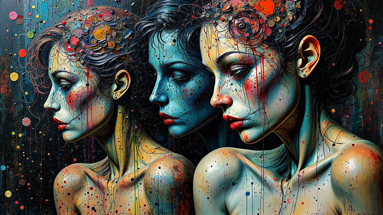 Multi-colored abstract portrait artwork.