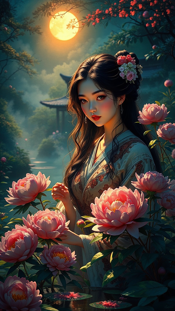 Woman cares for peonies