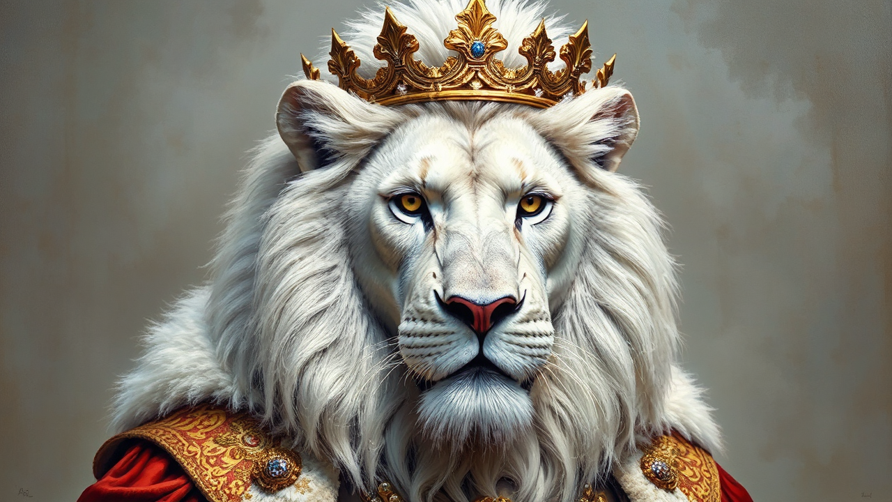 Anthropomorphic white lion wearing