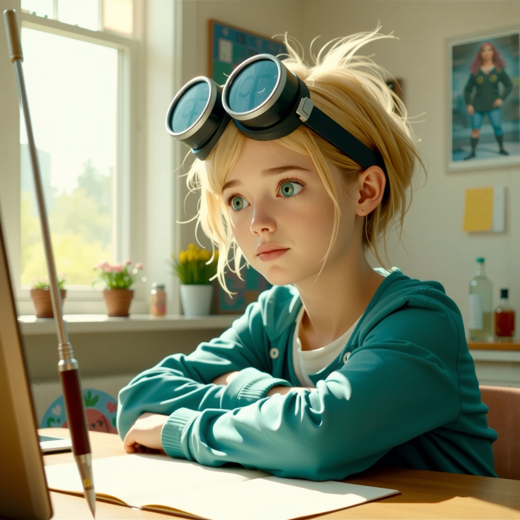 Blond teenage girl building