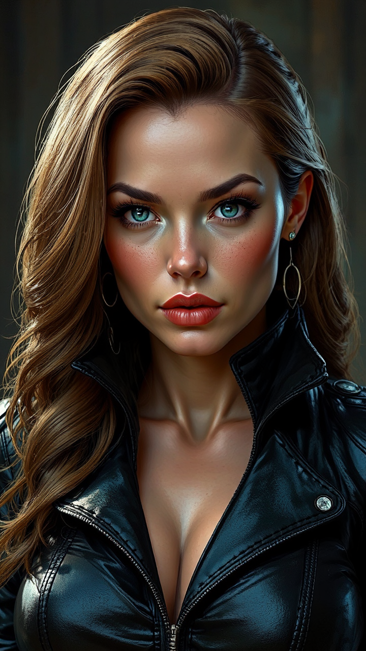 Muscled woman in biker