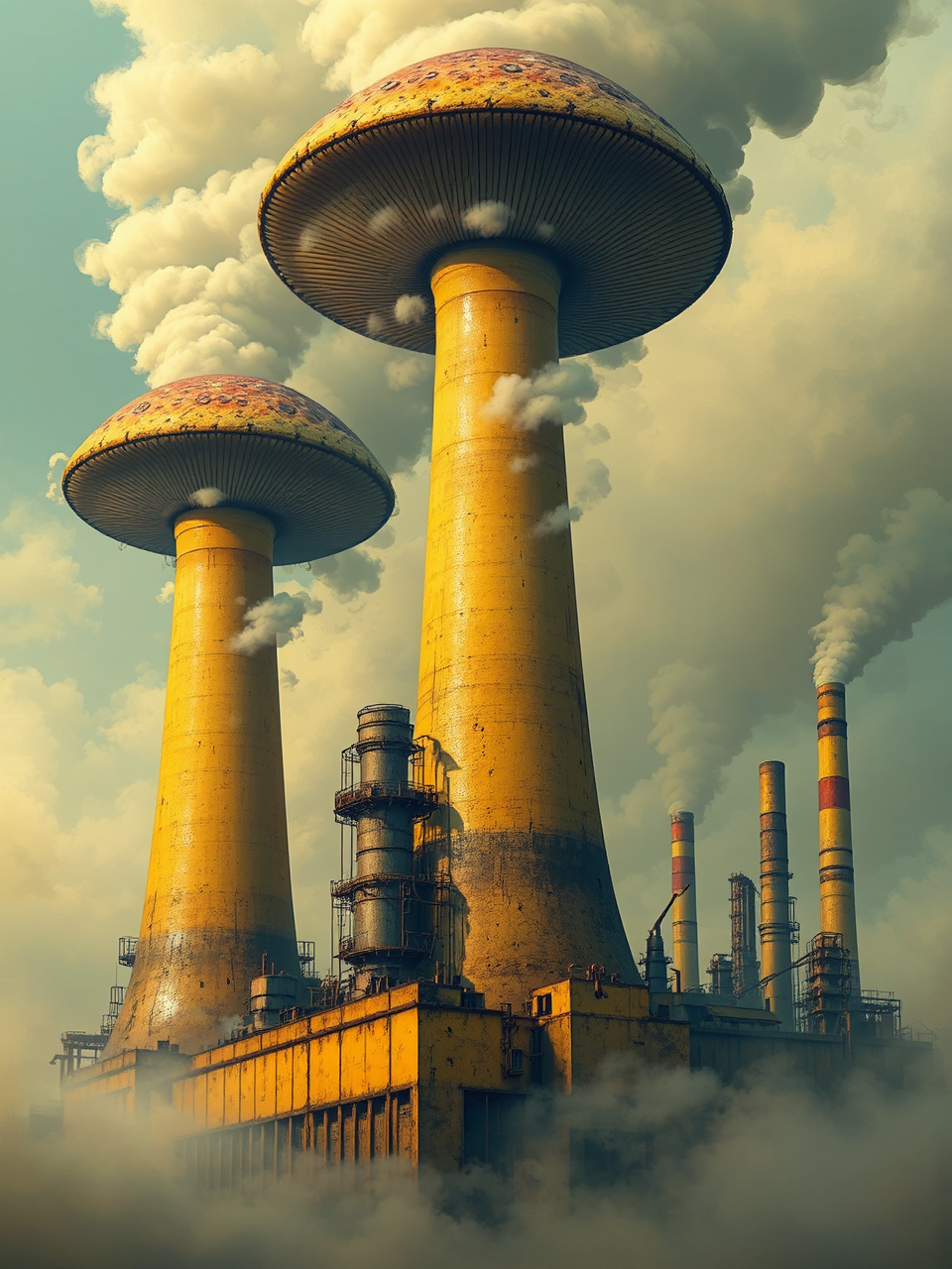 Industrial smokestacks emitting yellow