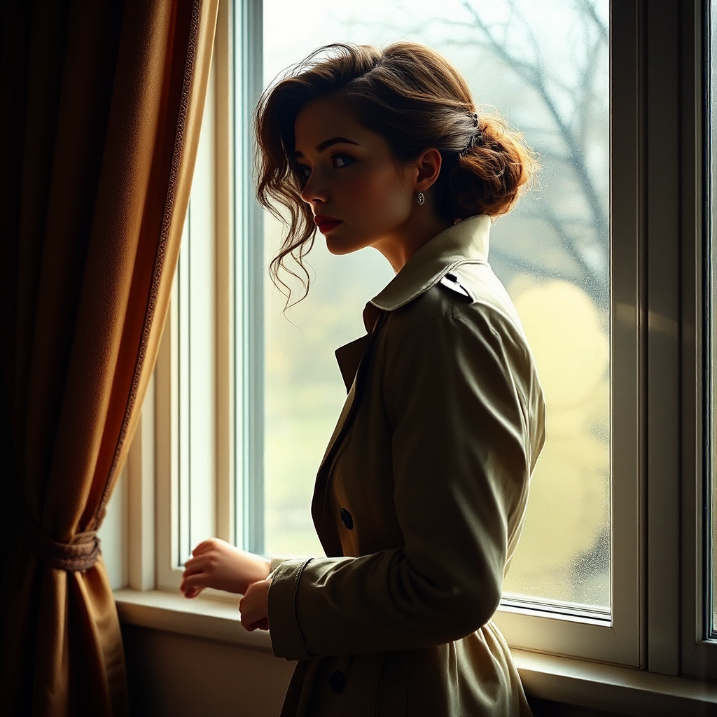 Woman looks out from