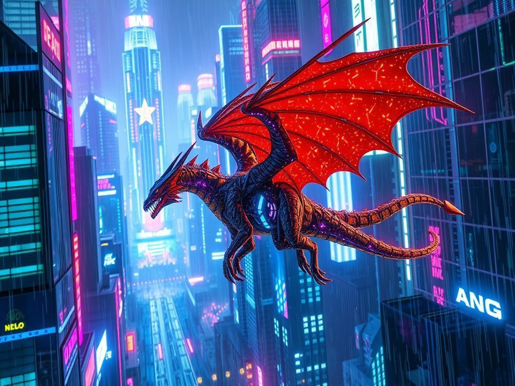 A cybernetic dragon soars
