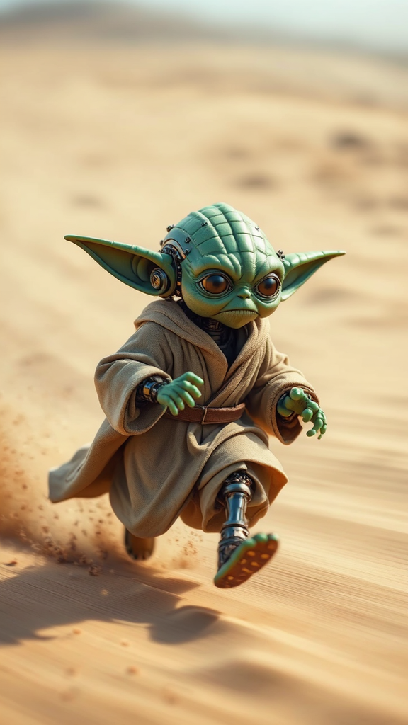 Steampunk robot Yoda runs