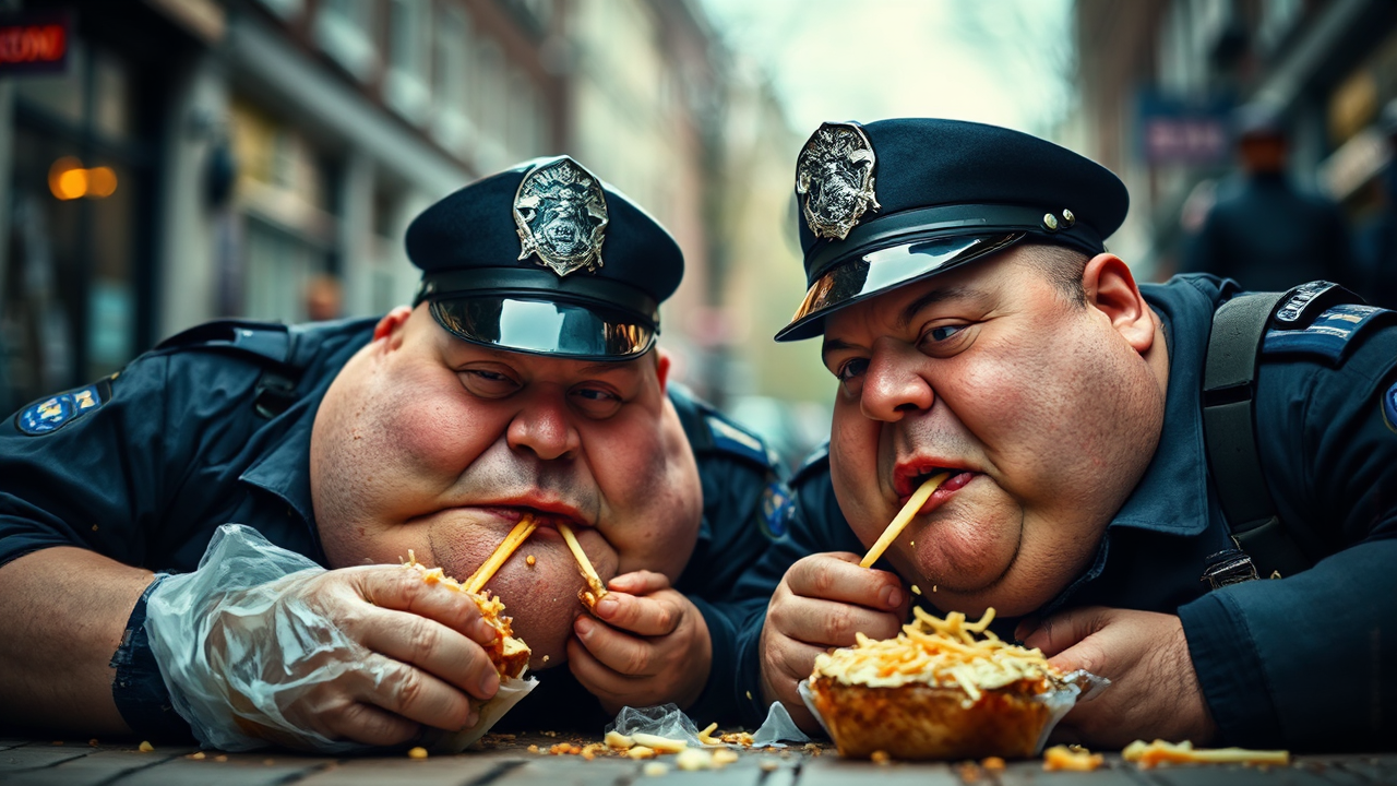 Two police officers eating