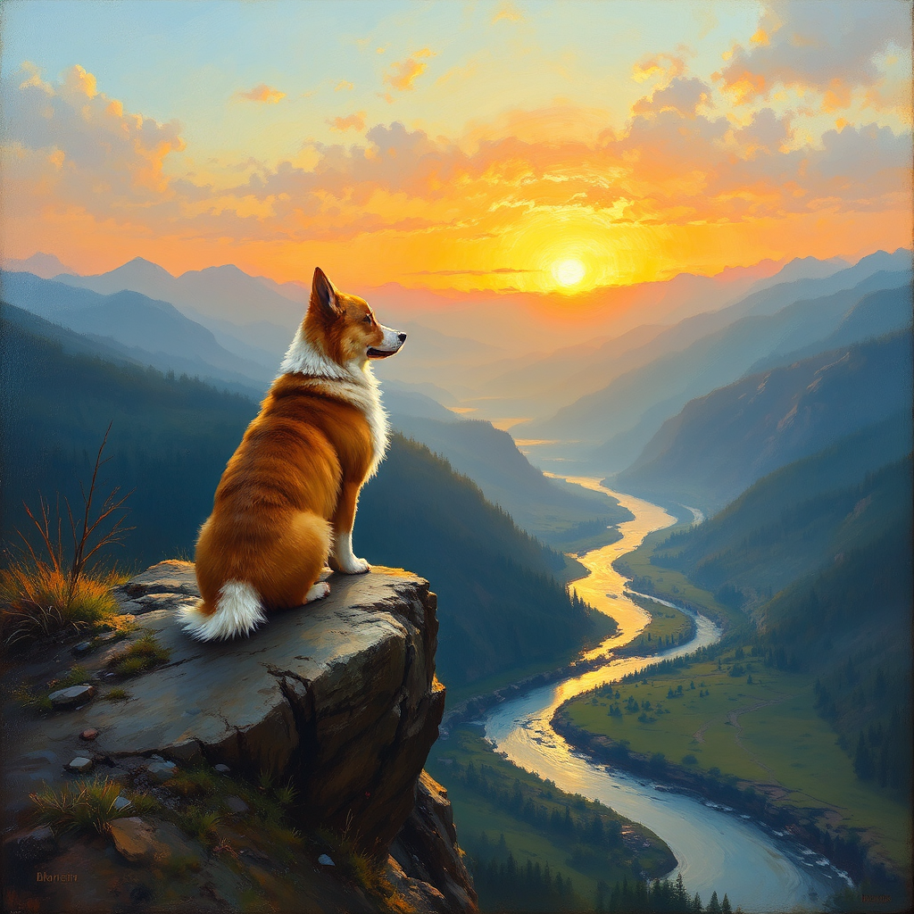Corgi stands on cliff