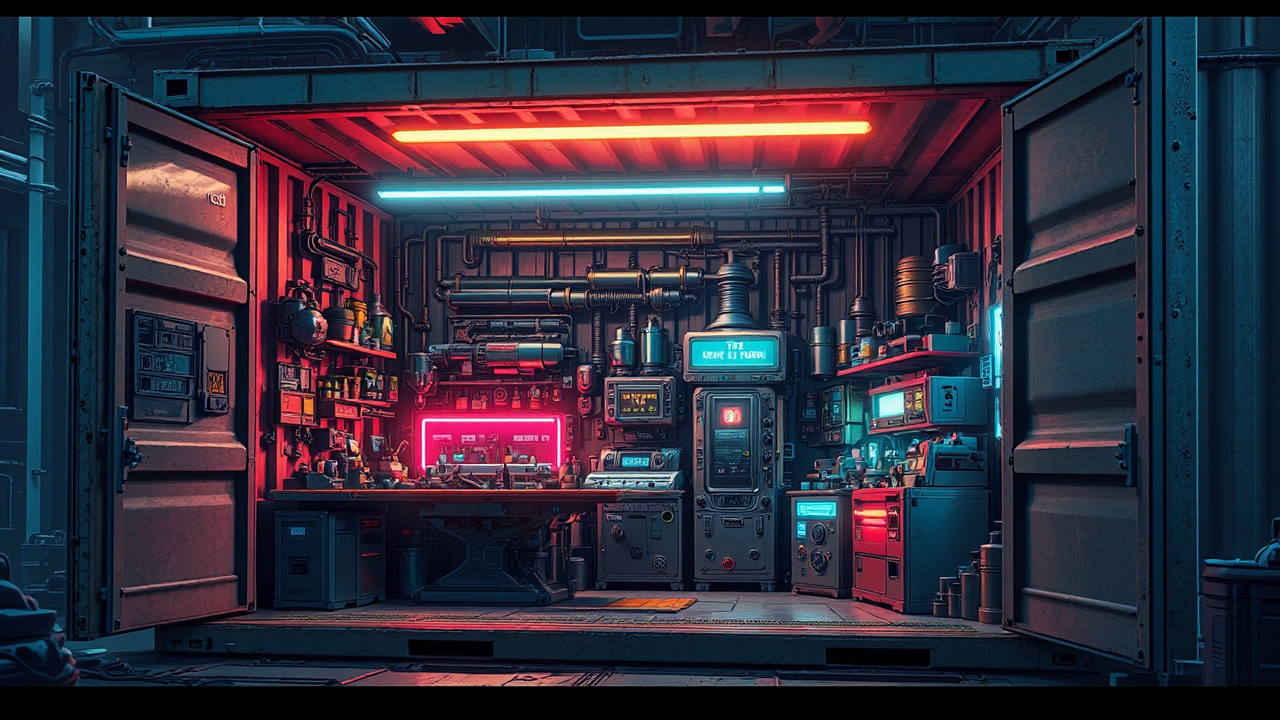 Sci-fi shipping container workshop.
