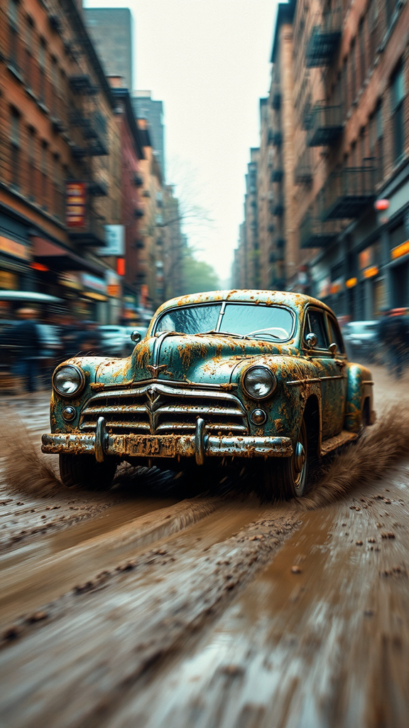 Dirty vintage Ford speeding