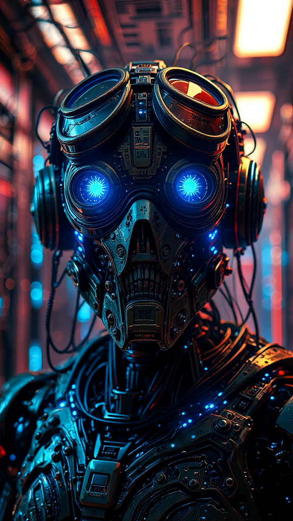 Futuristic angry robot in