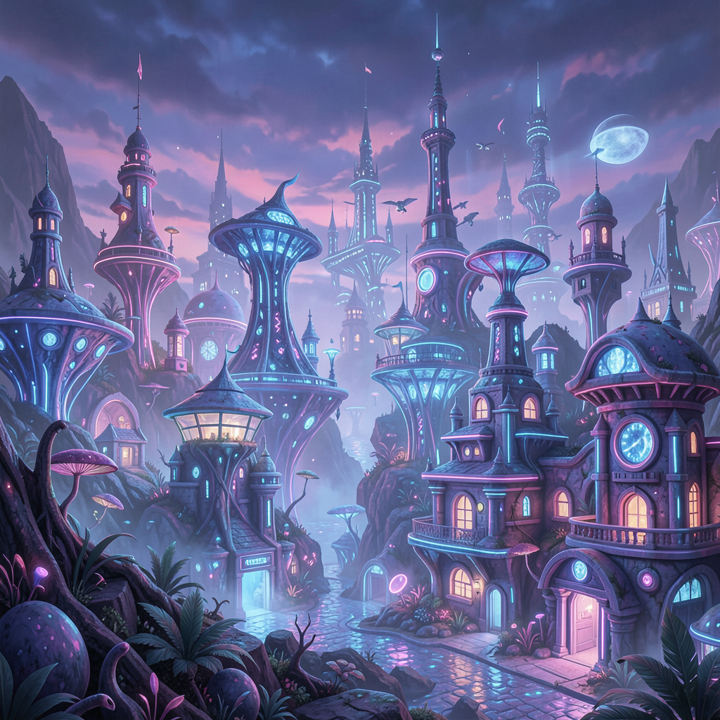 A surreal neon colored alien city