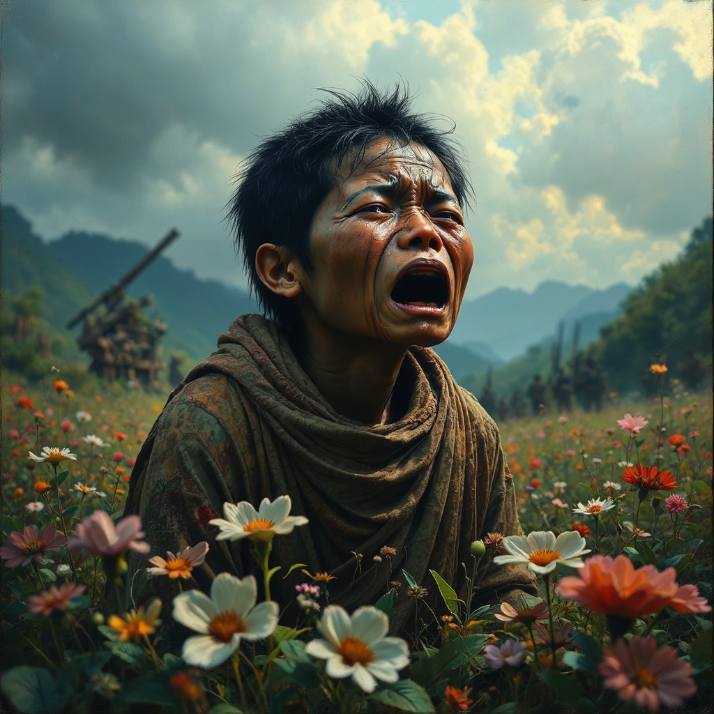Crying person amidst flowers