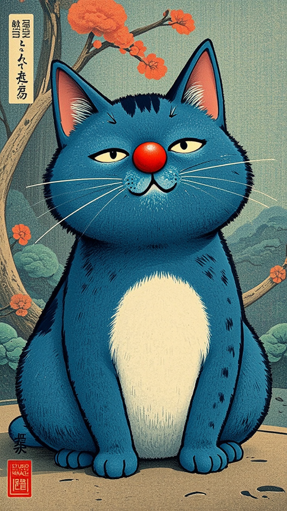 Blue cat with red