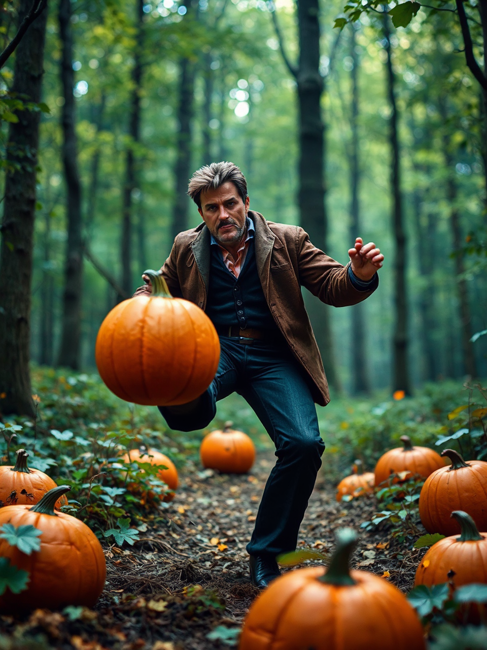 Action figure kicking pumpkins