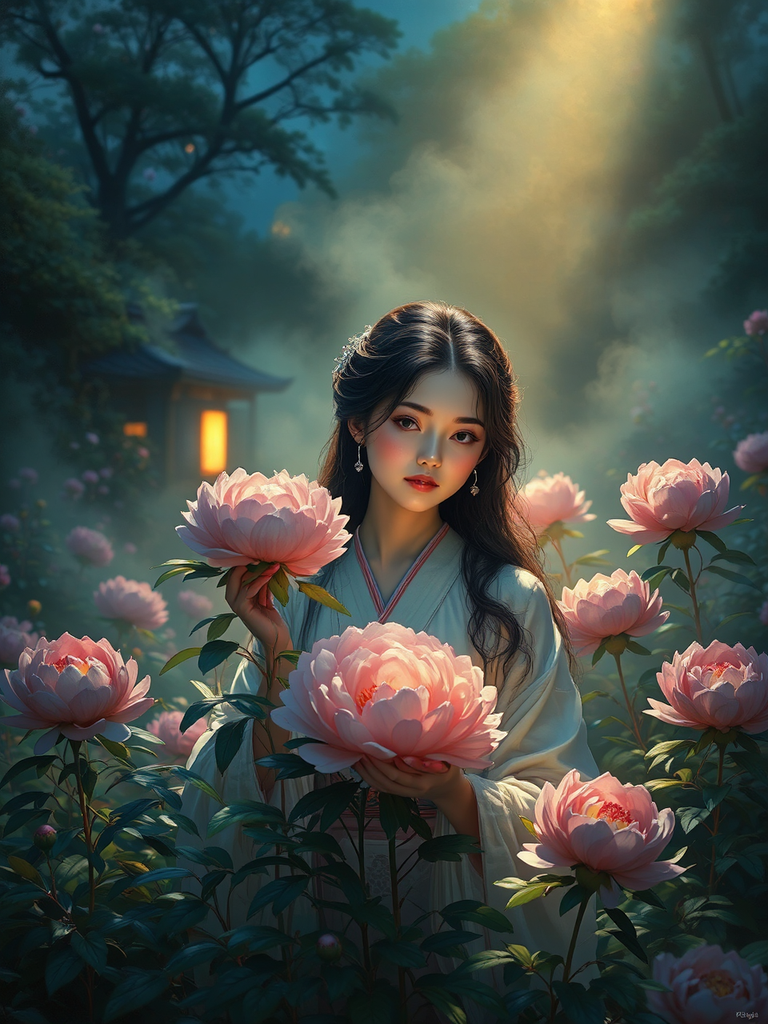 Woman tends to peonies