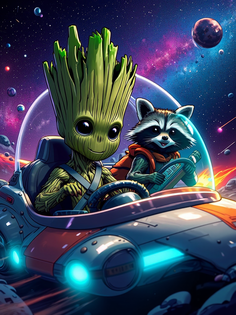 Two characters driving futuristic