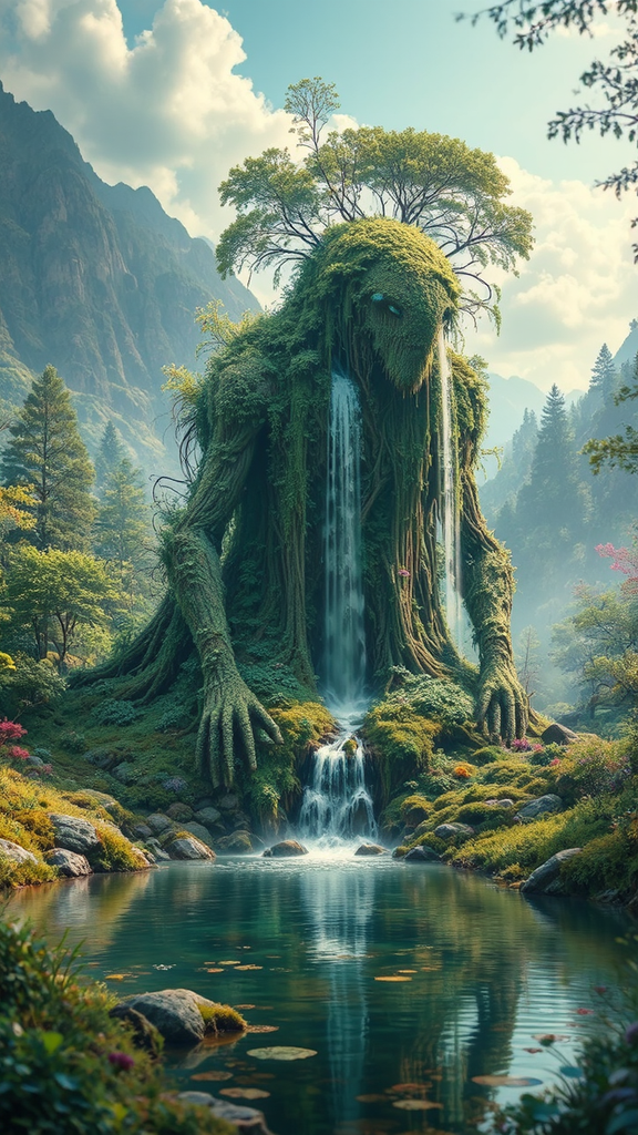 Humanoid covered in vegetation.