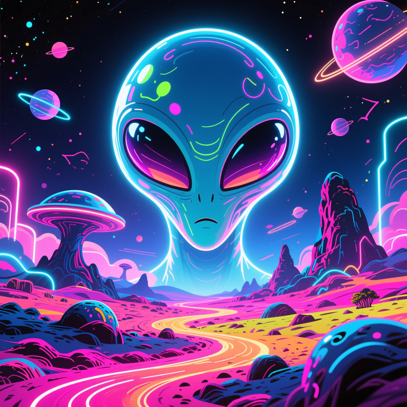 alien world, bright neon colors