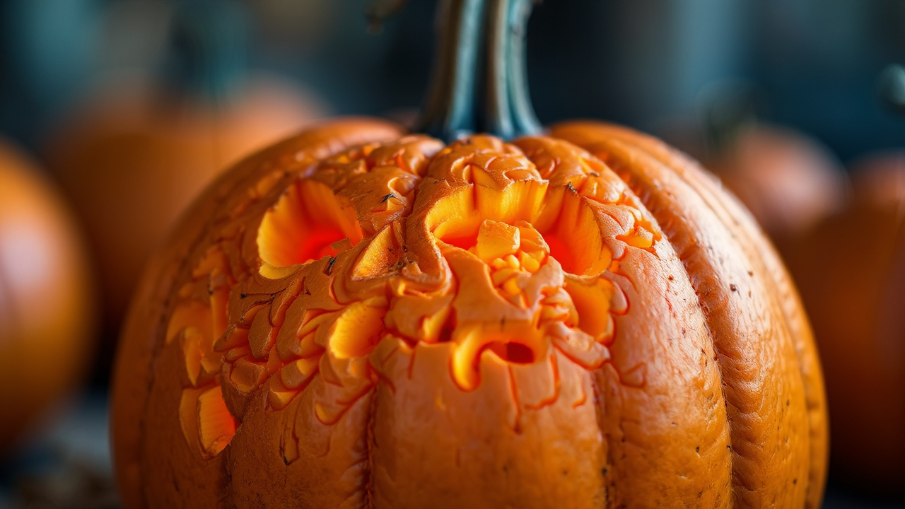 Intricately carved orange pumpkin