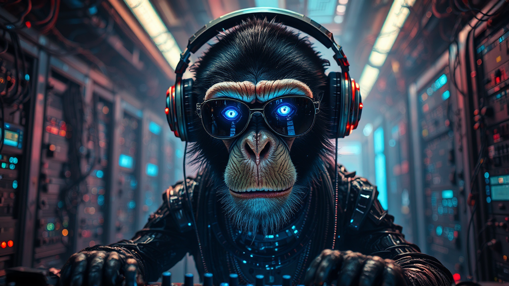 Futuristic monkey DJ in