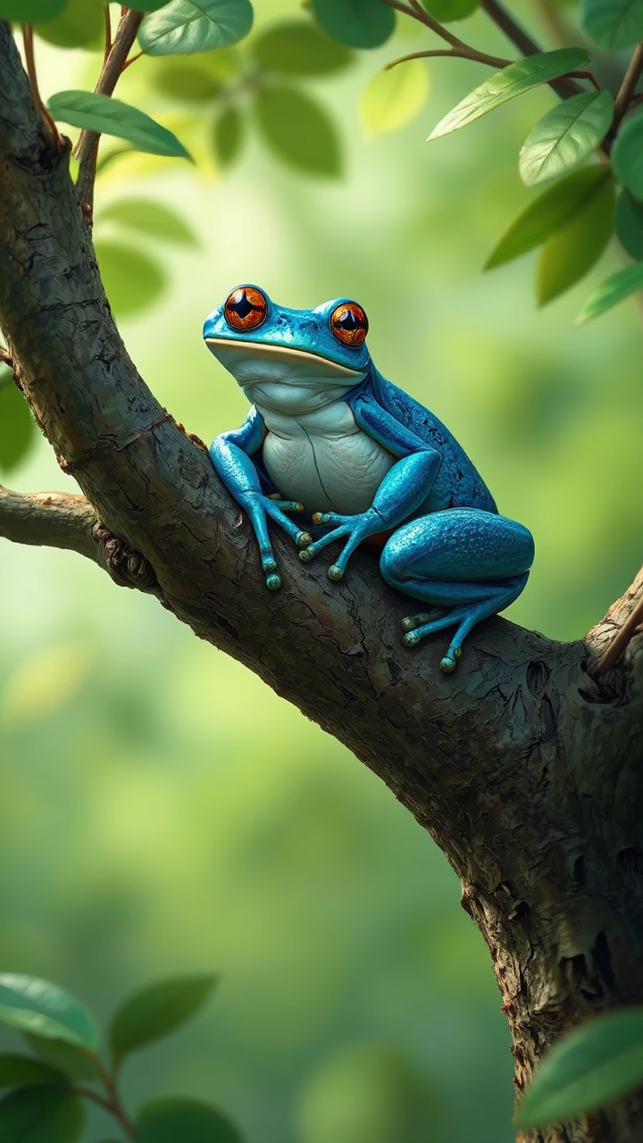 Blue frog sitting in