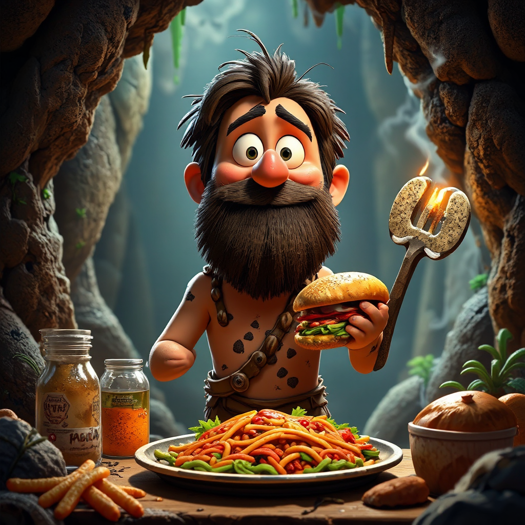 Caveman holding food in