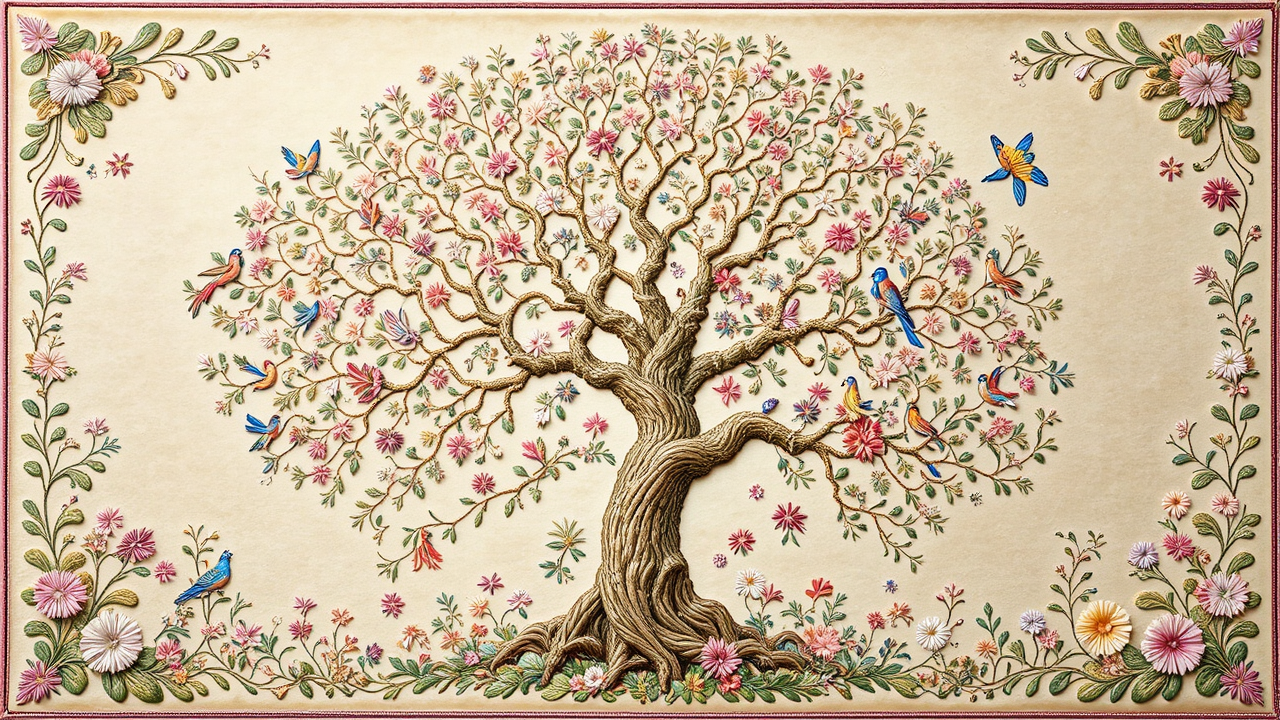 Embroidered scene with intricate