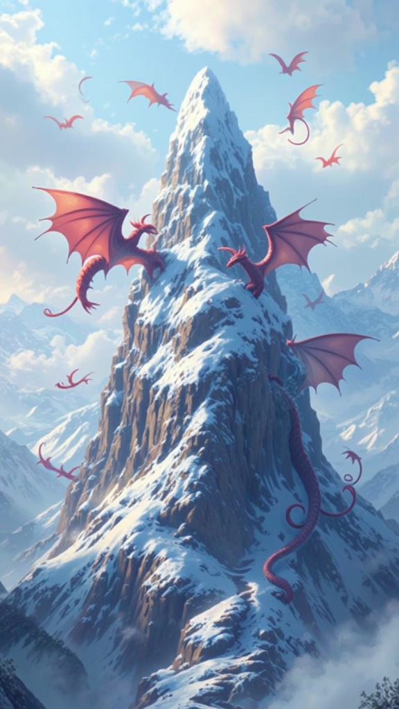 Dragons flying around snowy