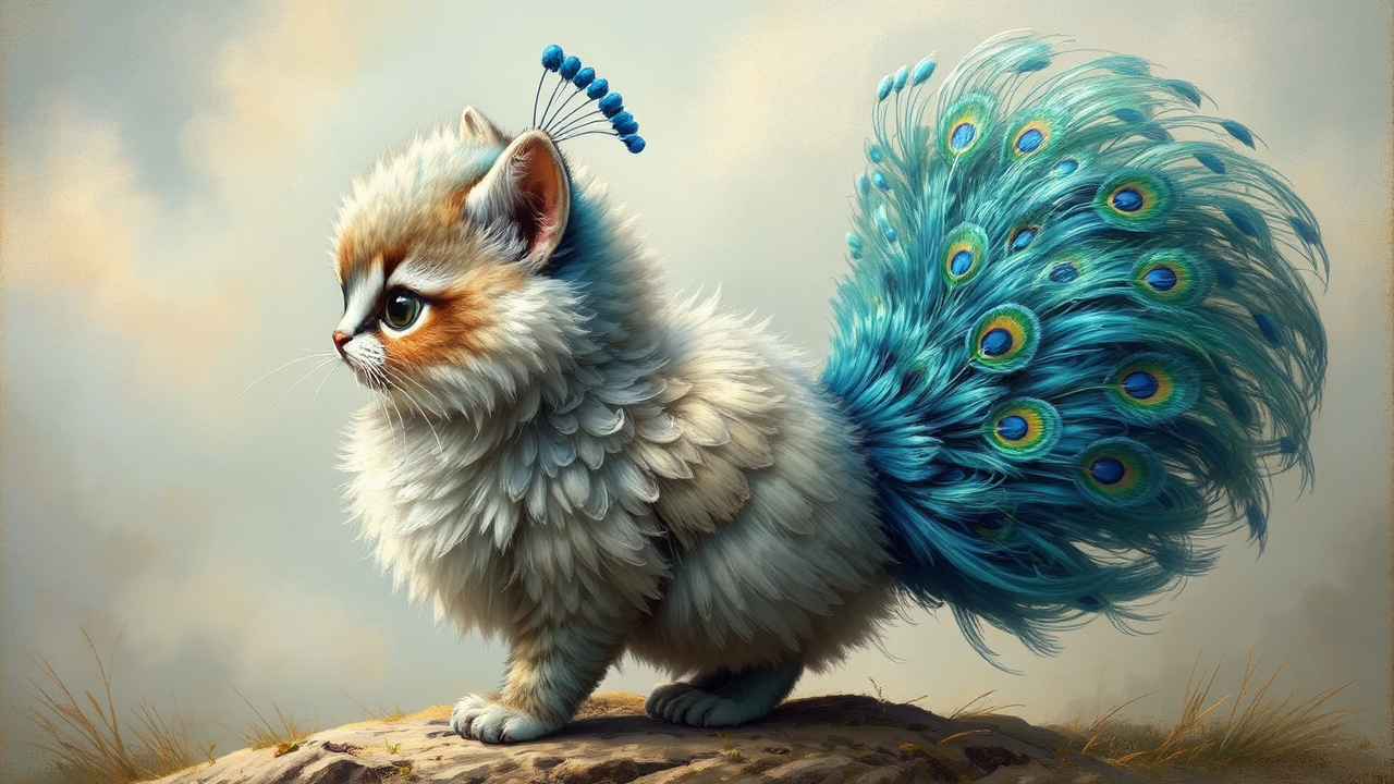 Cute peacock-cat hybrid in