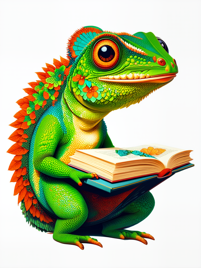 Victorian-style chameleon reads a