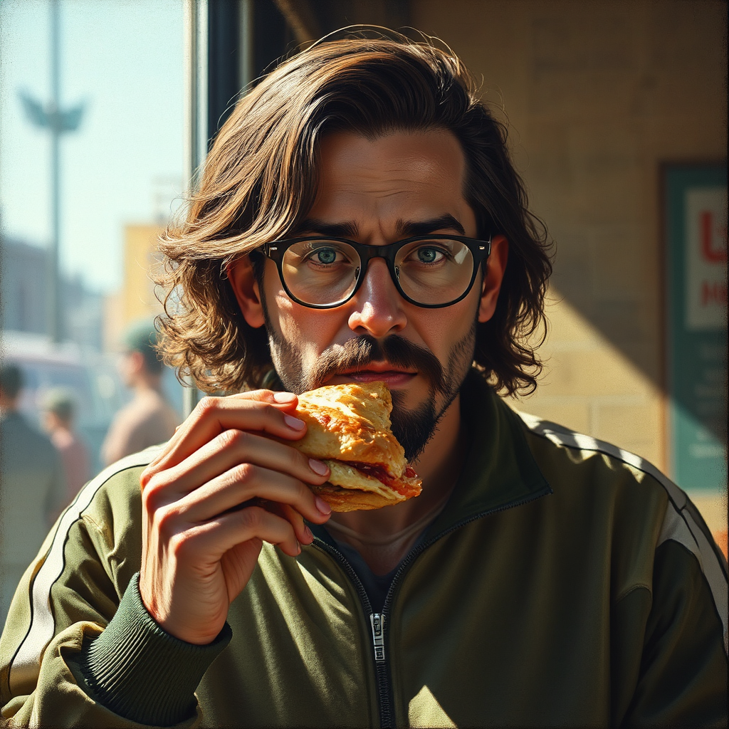 Italian man eats sandwich