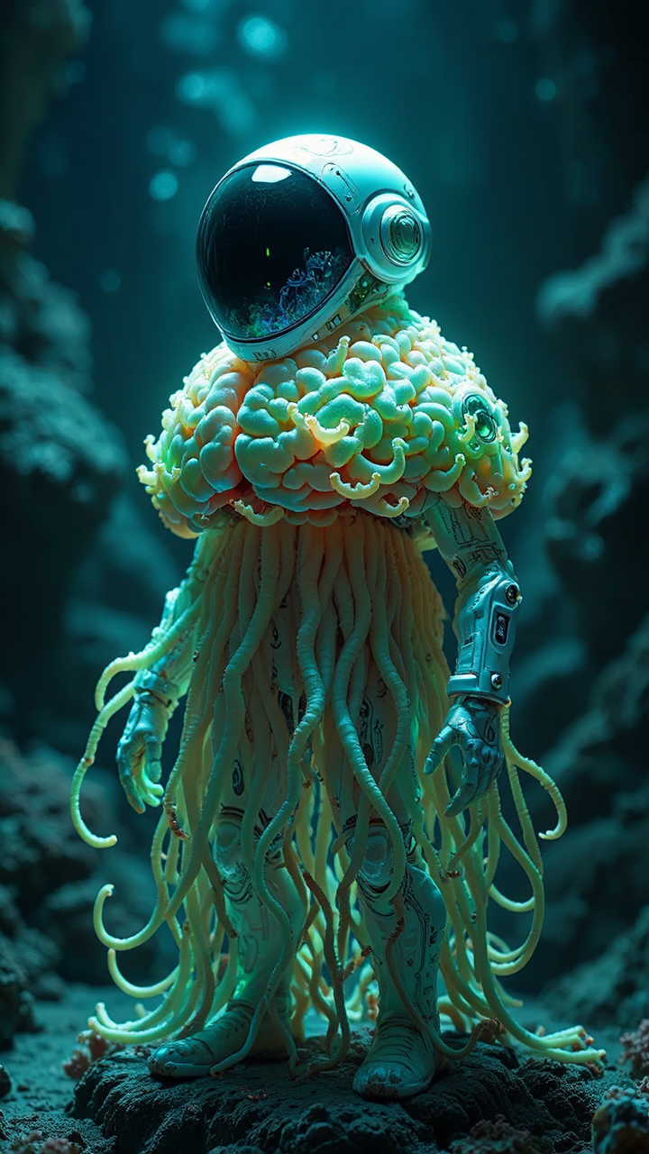 Cyberpunk astronaut with jellyfish