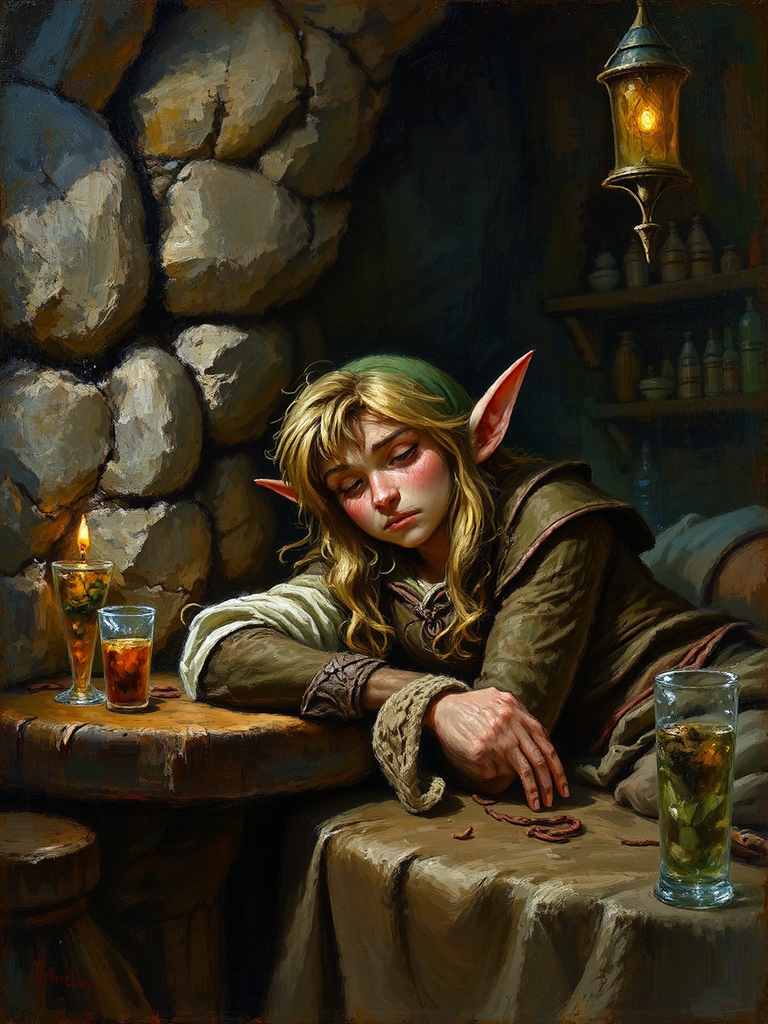 Elf sitting at wooden