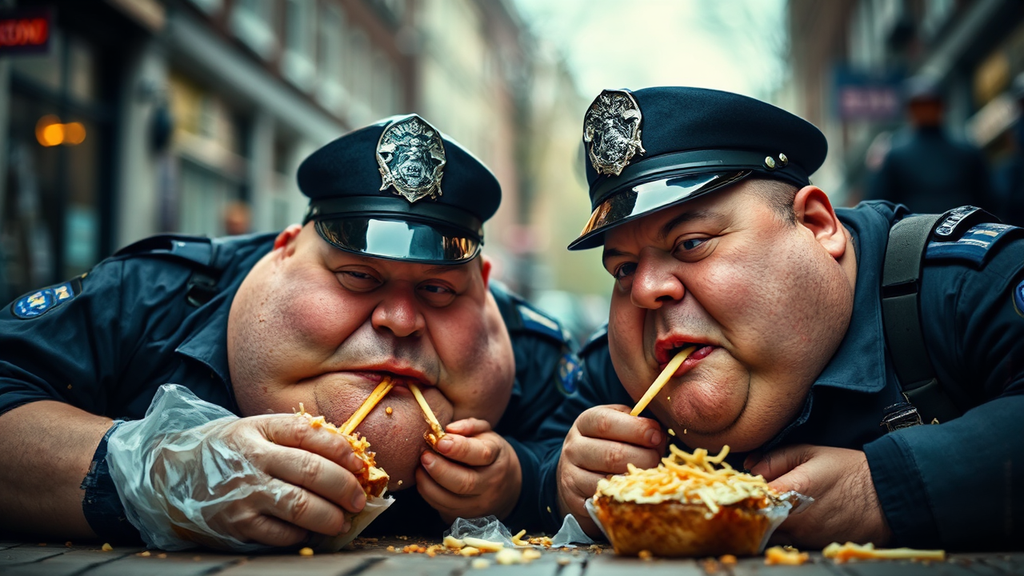 Two police officers eating