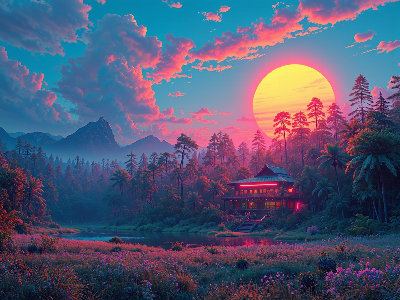 Mysterious rainforest at sunset
