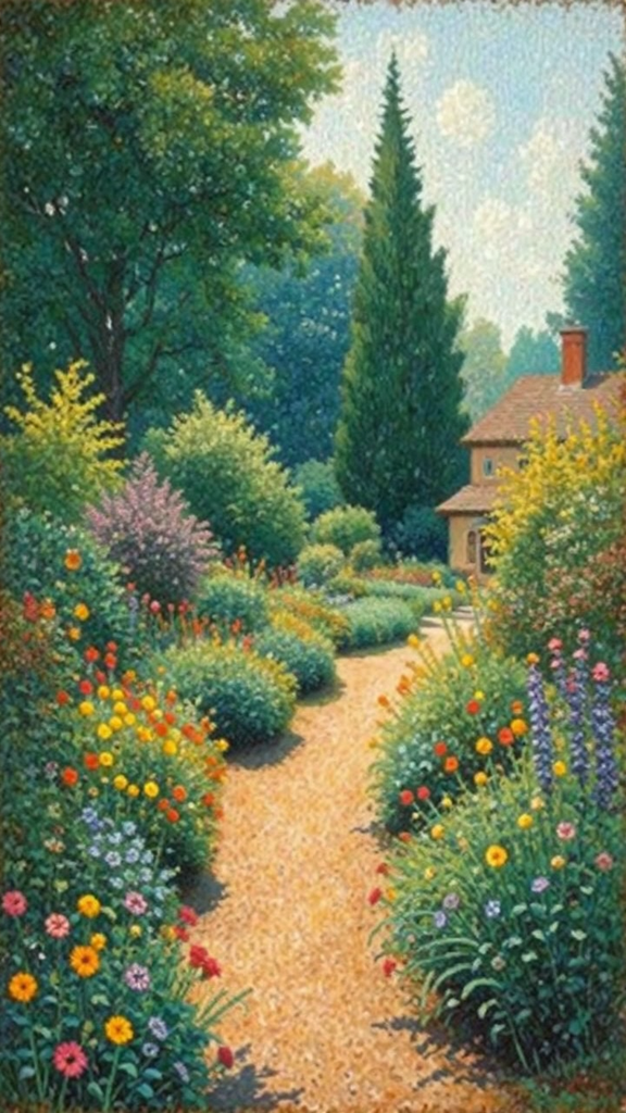 Garden scene in Pointillist