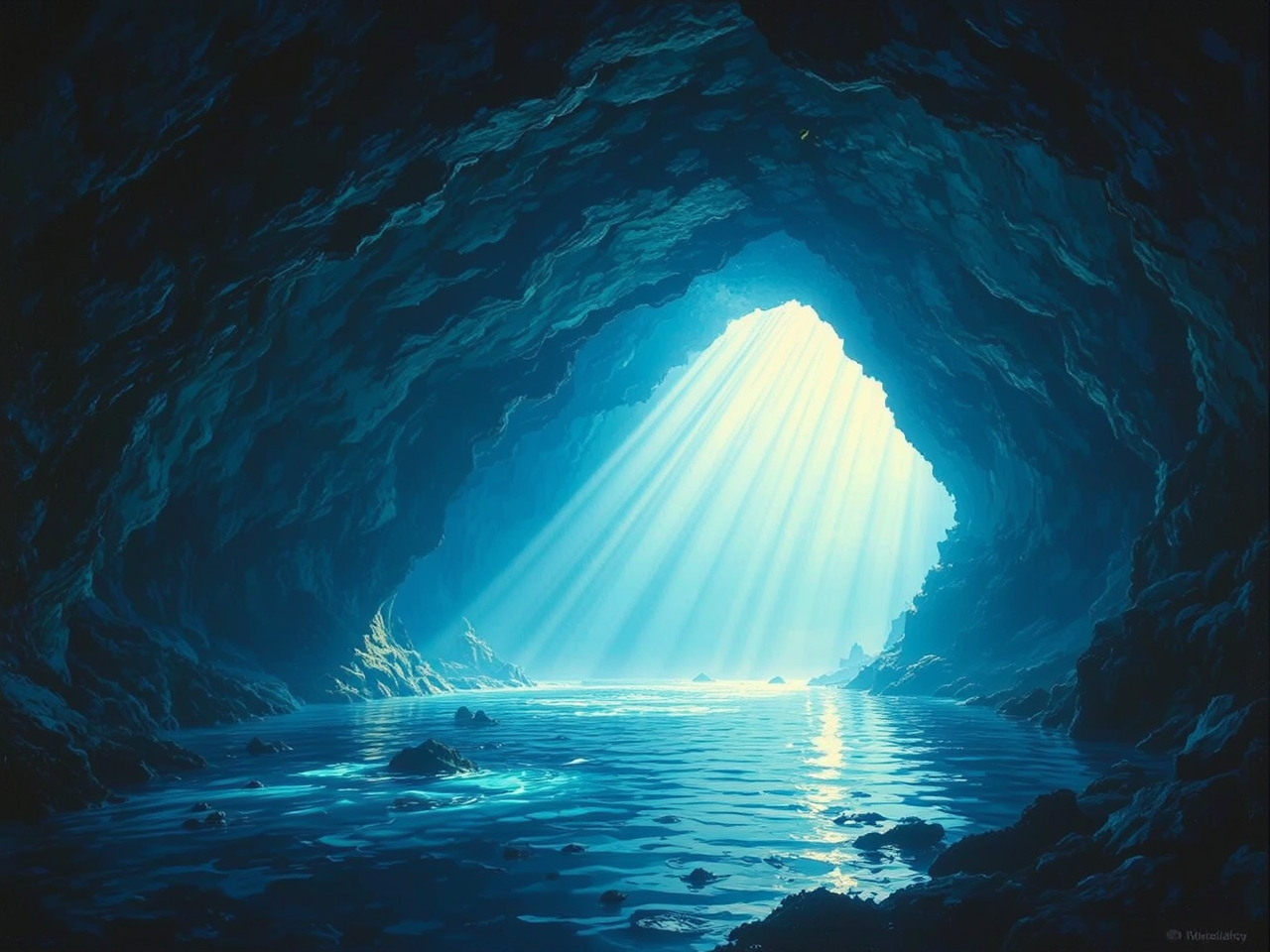 Underwater cave illuminated by