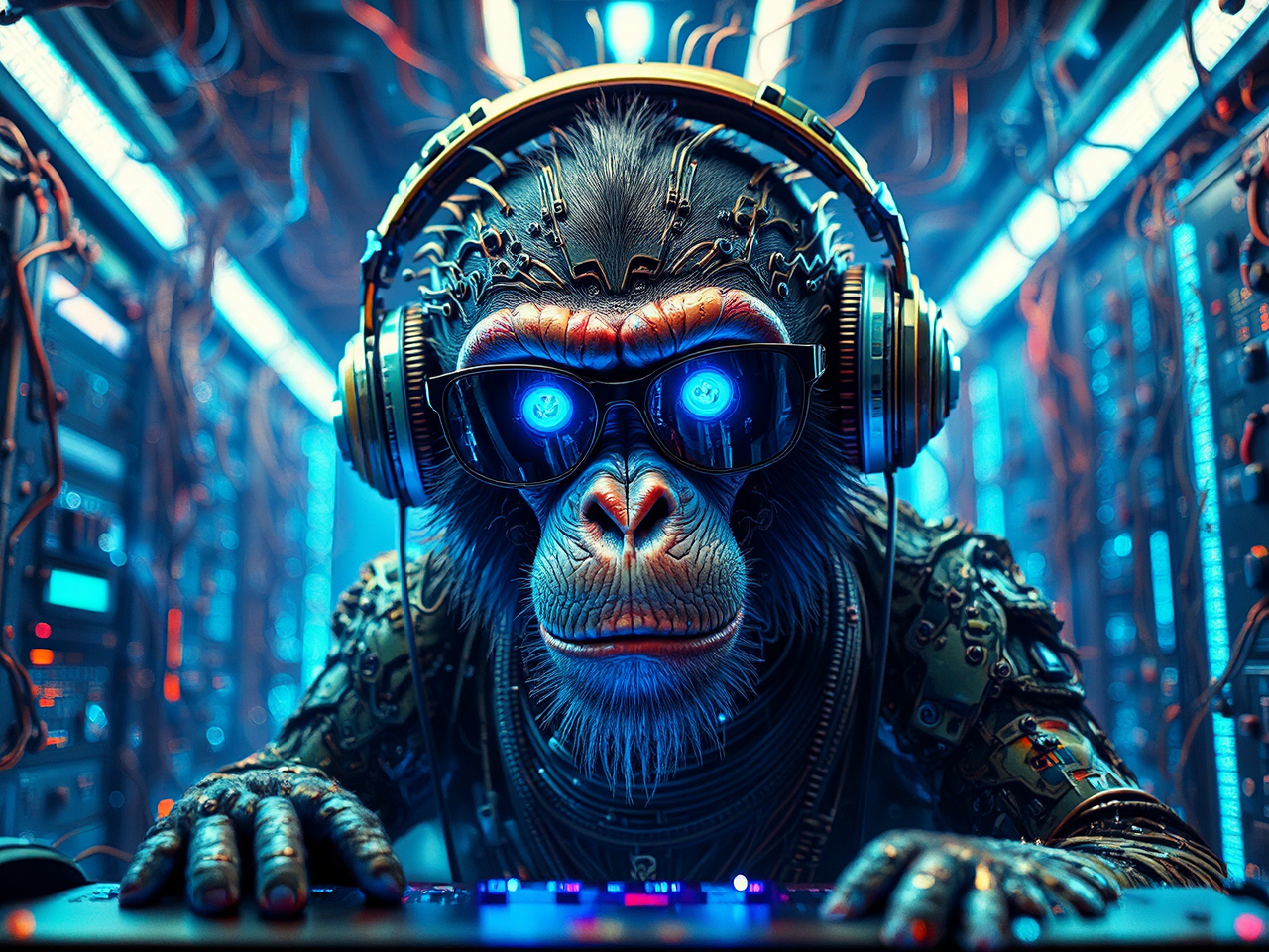 Futuristic monkey DJ in