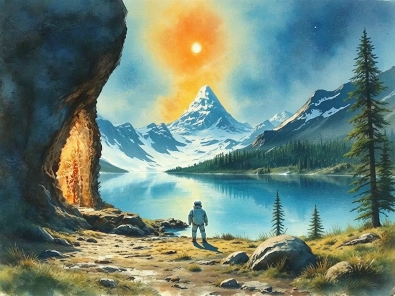 Astronauts approach a serene