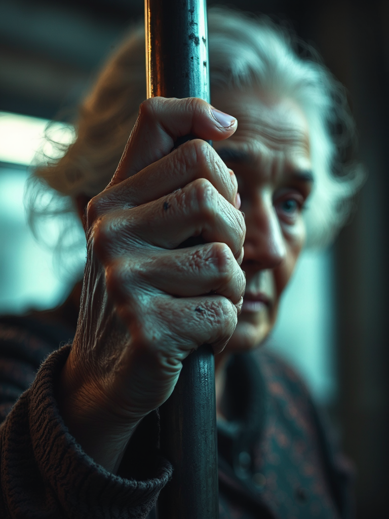 Elderly woman grasping chin-up
