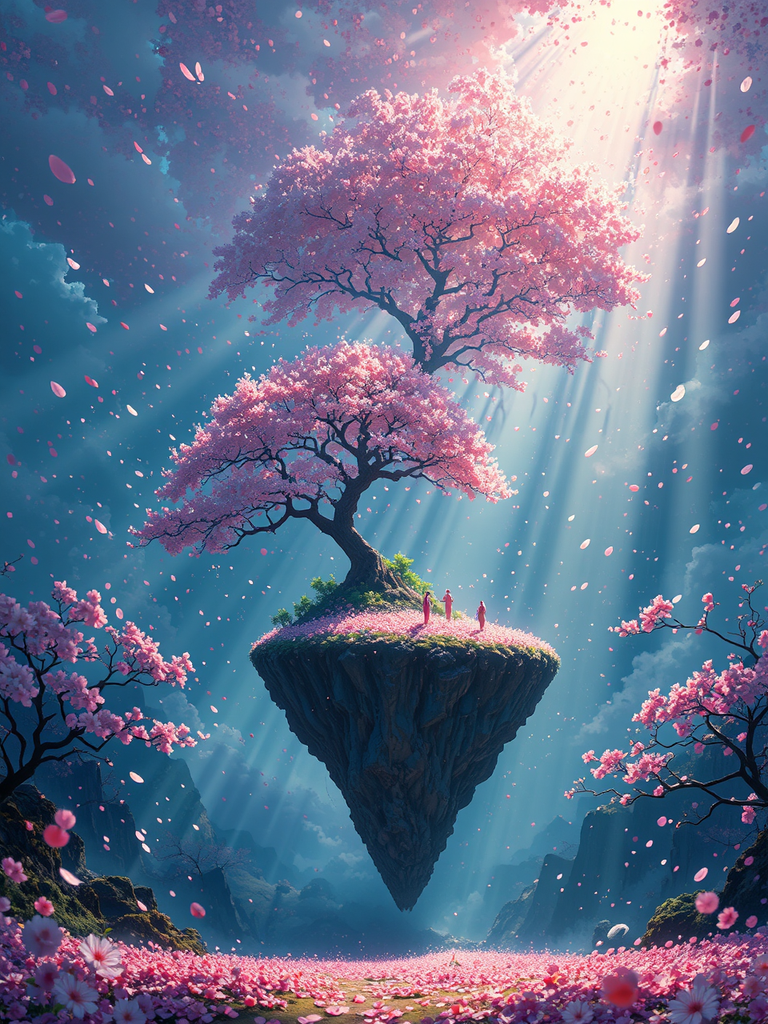 Floating continent amidst cherry